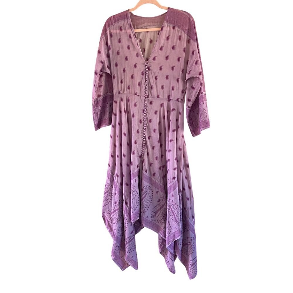 Cris Barros Womens Size Medium Purple Cotton Paisley Handkerchief Hemline Dress